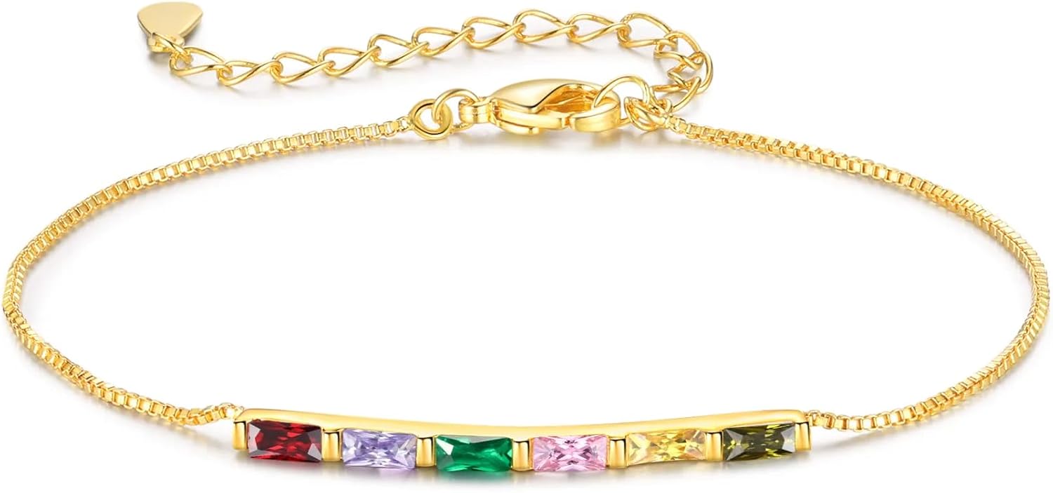 Custom 1-6 Baguette Birthstones Bracelet for Women Mothers Day Customized Gift Personalized Adjustable Bracelet Gifts for Christmas Birthday Anniversary