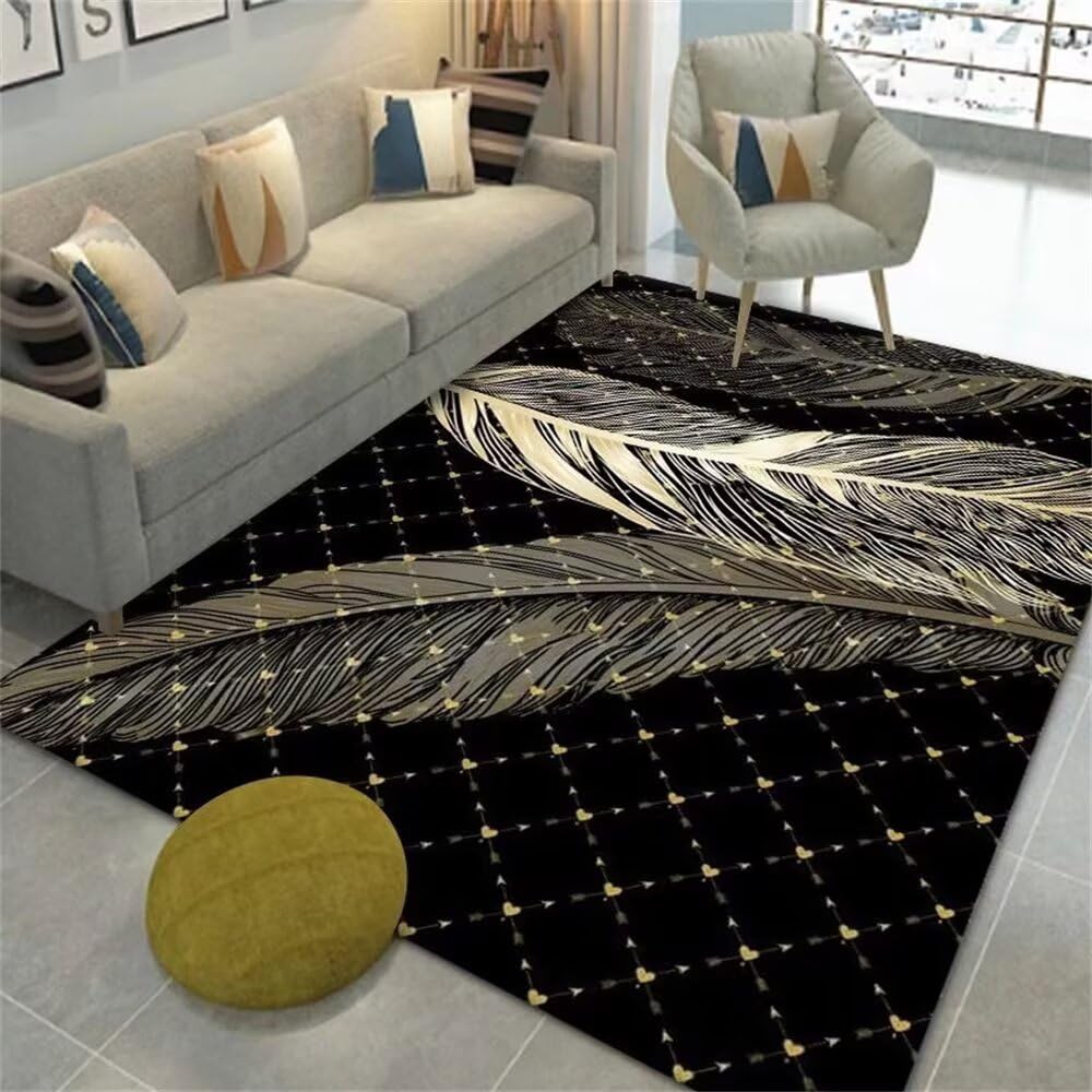 Tapis de sol salon noir plume jaune grand format 160x230cm