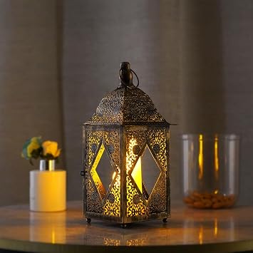 Moroccan Lantern Lamp Decorative Candle Holders for Ramadan Decorations, Hanging, Outdoor Patio or Porch, Indoor Home Decor Bronze 10inch