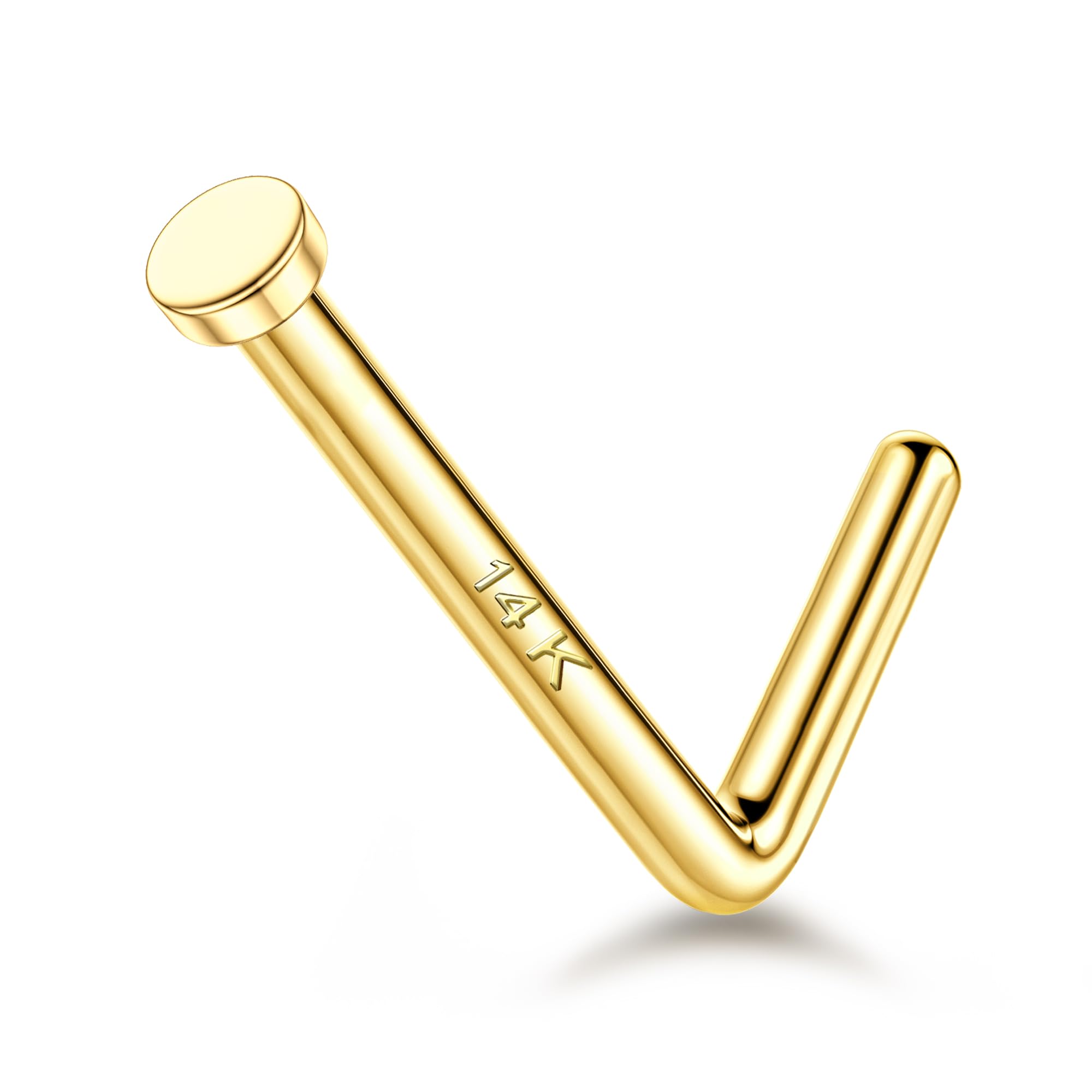 LOYALLOOK14K Real Gold Nose Rings Studs - Solid Gold Nose Ring 18G 20G L Shaped Nose Rings Corkscrew Nose Rings Hypoallergenic Gold Nose Piercing Jewelry for Women Men 1.5mm 2mm Flat Top