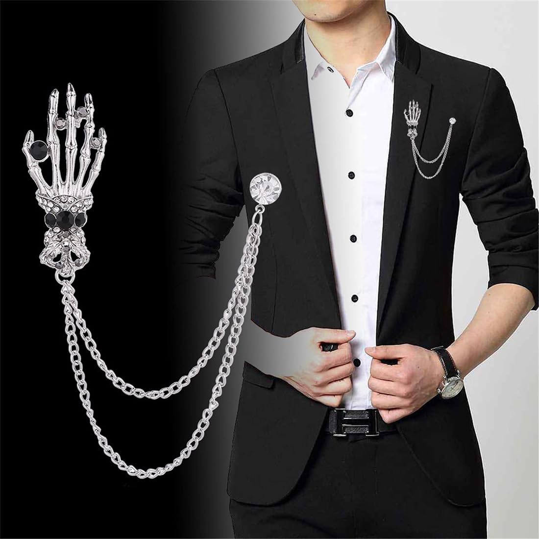 Broche de cadena, alfiler de cuello, broche con forma de mano de esqueleto, broche de Halloween para mujeres y hombres, para traje de negocios, esmoquin, camisa, corbata, sombrero y bufanda