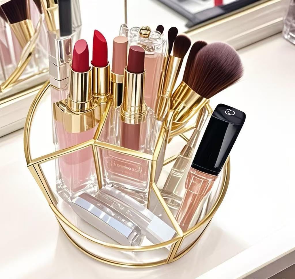 360° Rotate Makeup Brush Holder, Makeup Organizers Countertop, Perfume Tray, Bathroom Organizer and Storage for Eyeliner,Lipstick, Lazy Susan Organizer for Vanity Cabinet Dresser Bathroom (Gold)