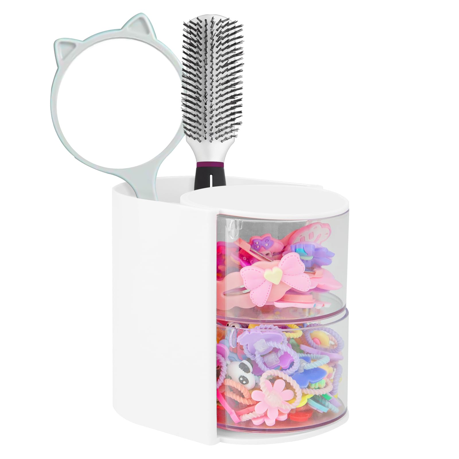 Hair Accessories Organizer with Hair Brush Holder, Rotatable Makeup Brush and Jewelry Storage Box for Hair Clips, Earrings, Necklaces, Bracelets,