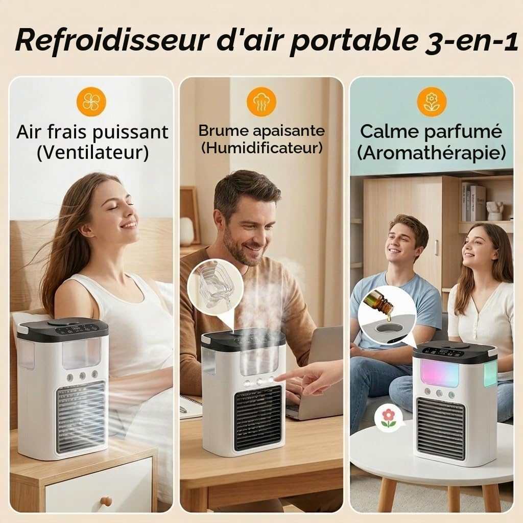 Ventilateur de climatisation portable, alimenté par USB, mini rechargeable climatiseur de bureau avec 3 vitesses et 3 modes de brumisation, réservoir d'eau de 600 ml, lumière RGB