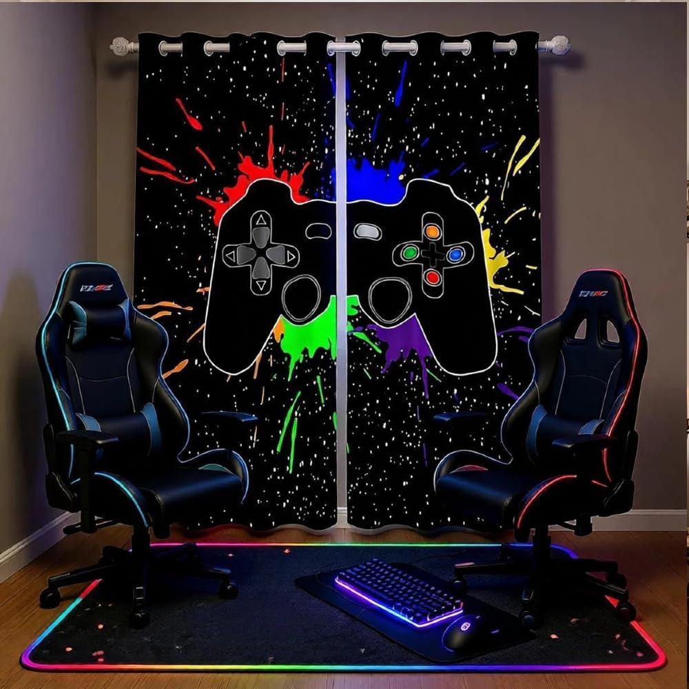 Loussiesd Gamer Window Treatments Teens Video Game Gamepad Curtains for Boys Kids Children Modern Game Controller Window Drapes Stain Resistant Room Decor Gaming Tie Dye W66*L90 — image 1