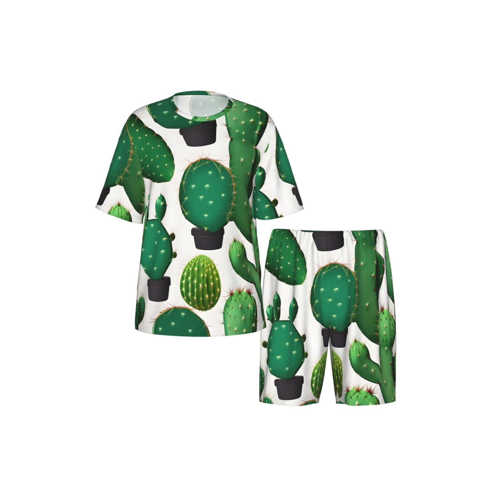 Conjunto de pijama clásico con estampado de cactus verde para hombre, pantalones cortos de pijama suaves para hombre, perfecto para las noches de verano