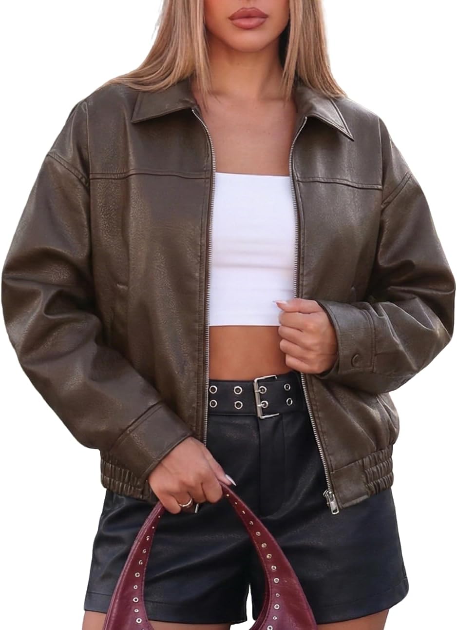 FOMELY Leather Jacket Women Oversized Bomber Motorcycle Y2K Moto Biker Racer Fall Coat with Pockets 2026 Trendy