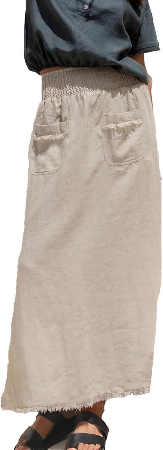 Songling Women Linen Maxi Skirt A-Line Elastic Waisted Long Skirt Casual Side Slit Skirts with Pockets 2026 Summer Clothes