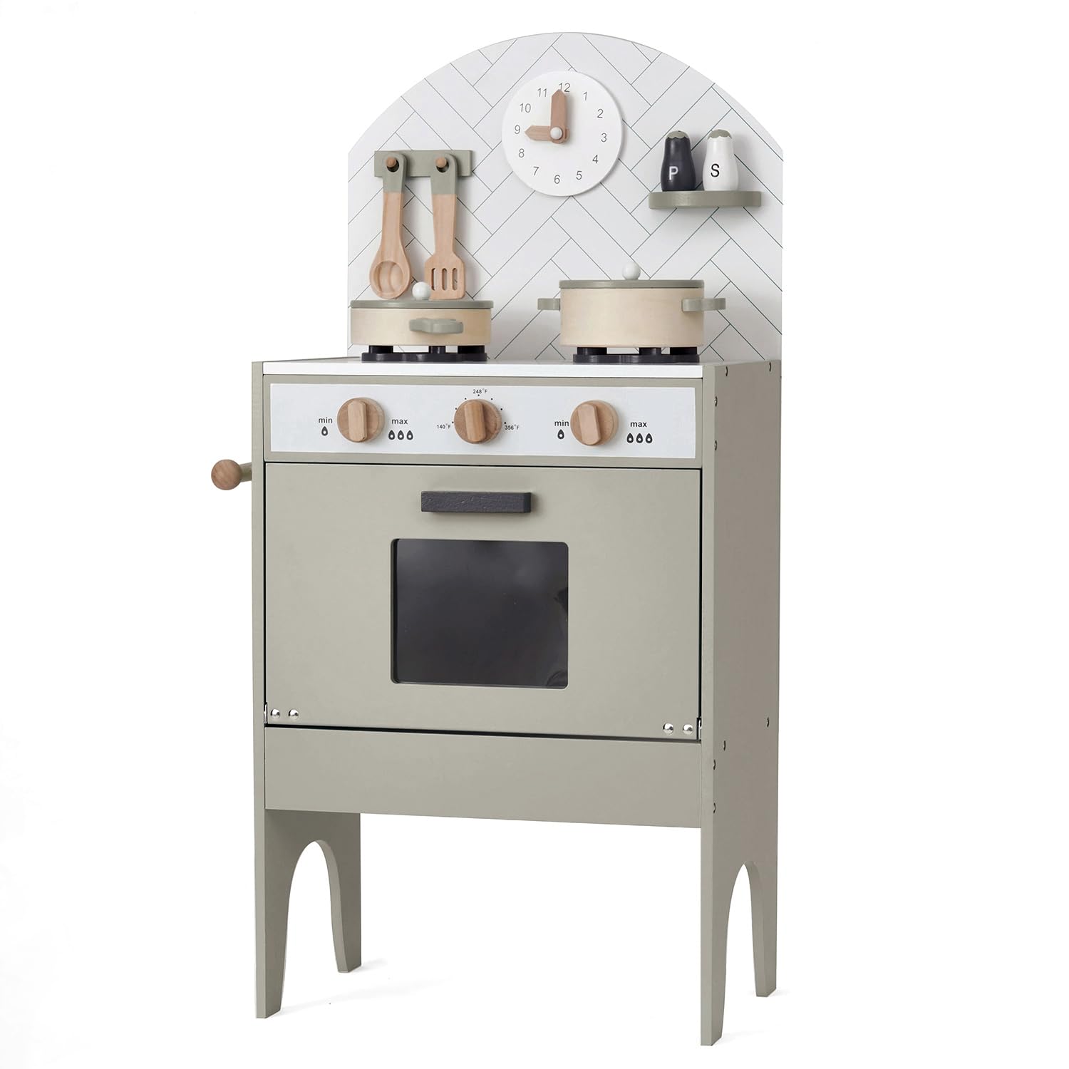 Hooga Kids Kitchen Wooden Playset, Pretend Role Play Toy Kitchen with Oven, Tea Towel Rail, Clock, Interactive Dials, Salt and Pepper Pots, 6 Piece Utensils (Grey)