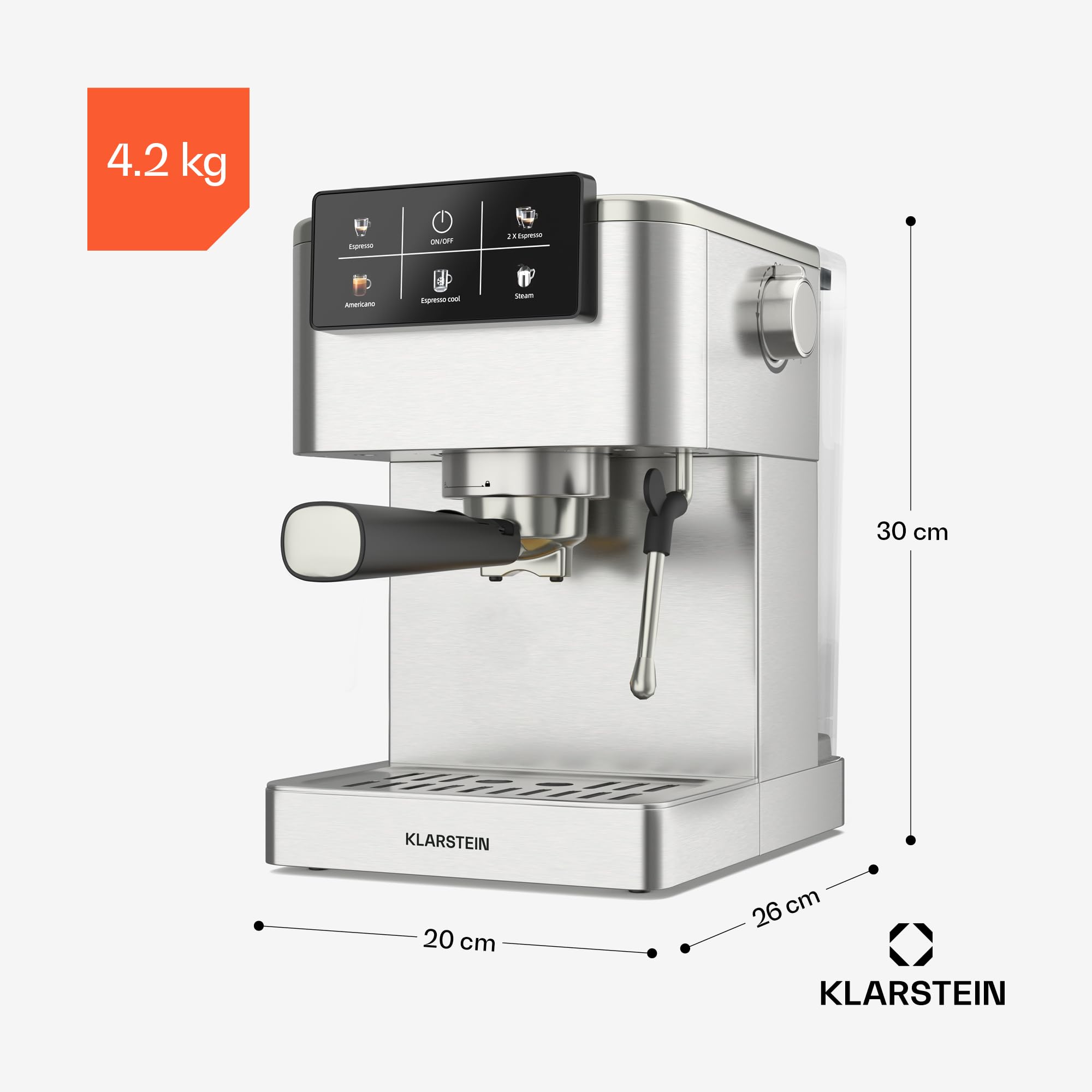 Klarstein SteelPresso Touch ekspres do sitka, 20 barów, 1350 W, stal nierdzewna, zbiornik na wodę 1,5 l, wyświetlacz dotykowy, zintegrowany spieniacz do mleka, kompaktowa konstrukcja, ekspres do kawy