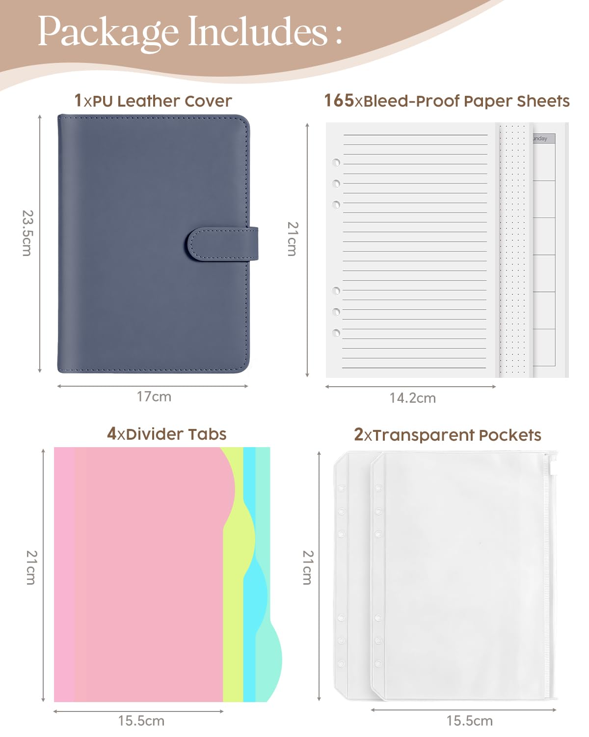Quaderno A5 Ricaricabile in Pelle PU – Set Completo con 165 Fogli, Tasche Zip e Divisori – Organizer per Scuola e Lavoro (Blu aeronautica, A5)