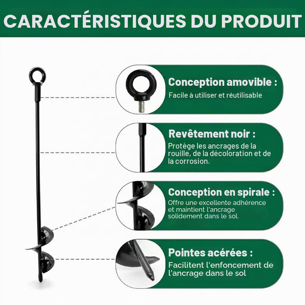 Kit d’Ancrage au Sol 45cm avec 15M Câble Acier & Tendeurs, Lot de 4 Robustes Ancrages de Terre, Kit d’Haubanage Extérieur Contre Le Vent pour Abri de Jardin et Serre, Trampoline, Tonnelle, Tente