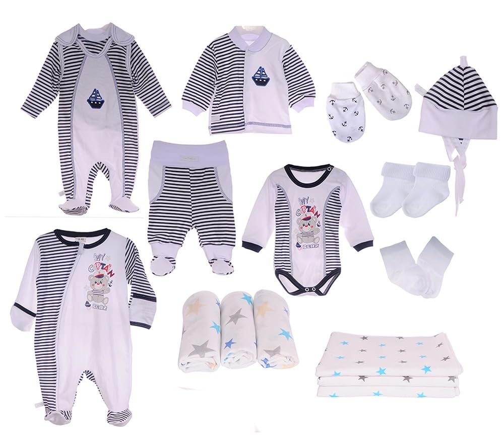 Erstausstattungspaket Baby Set 17 Teile Body Hose Strampler Schlafanzug Shirt Socken Mütze Unisex Bekleidung für Neugeborene Jungen Mädchen Weich Geschenk Geburt Taufe Babyparty