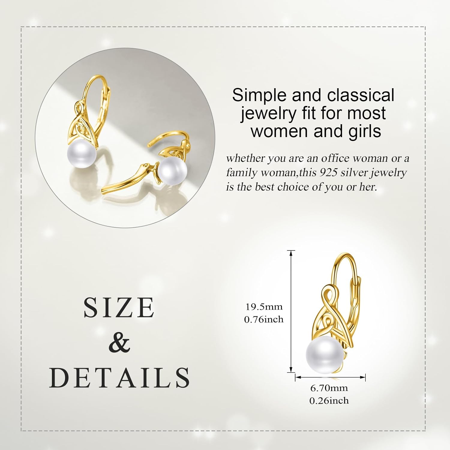 Pearl Earrings for Women 925 Sterling Silver Celtic Knot Leverback Earrings Pearl Jewelry Gifts for Girls