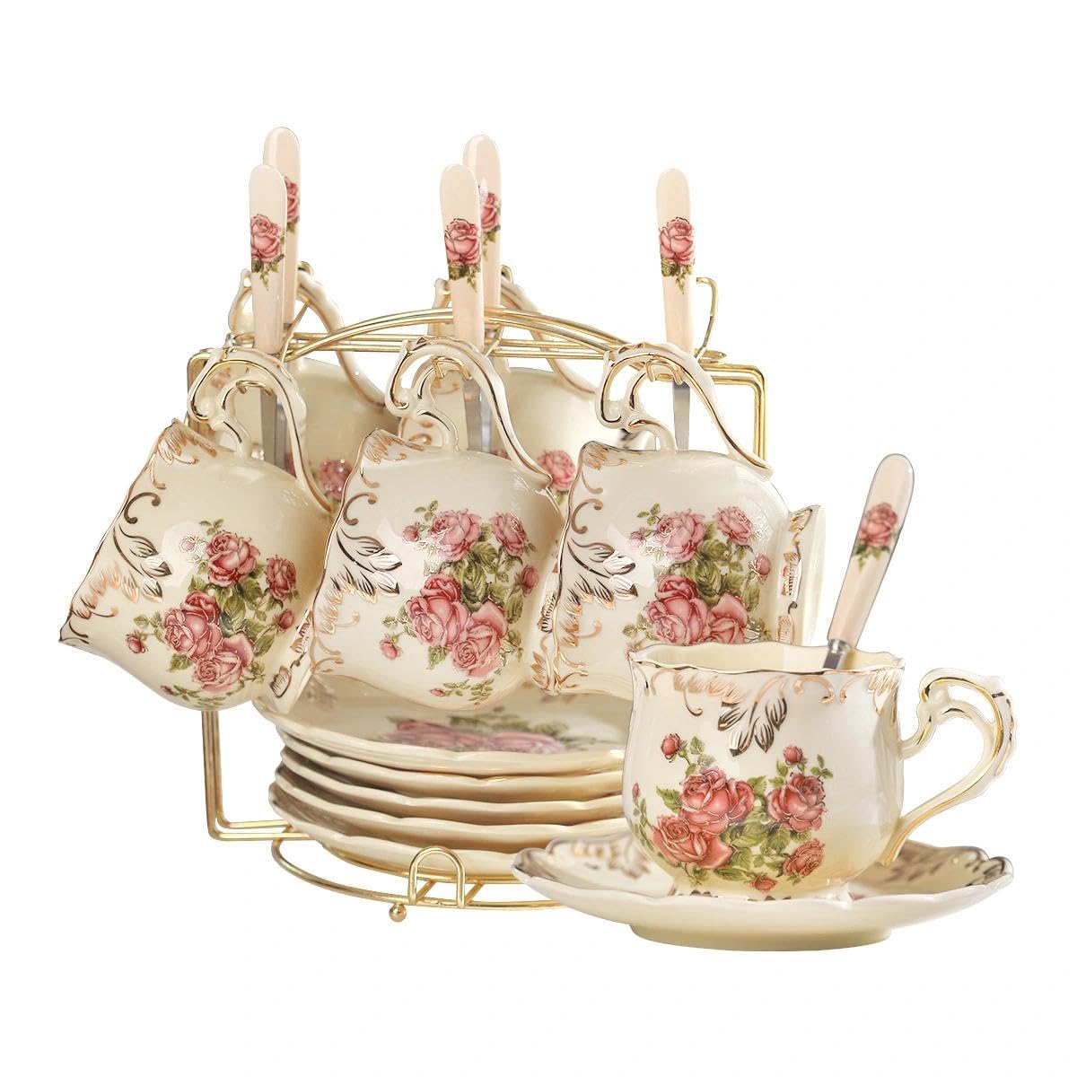 YOLIFE Tea Cups and Saucers Set of 6, 200 ML Vintage Pink Rose Ivory Porcelain Tea Cups Set with Gold Stand