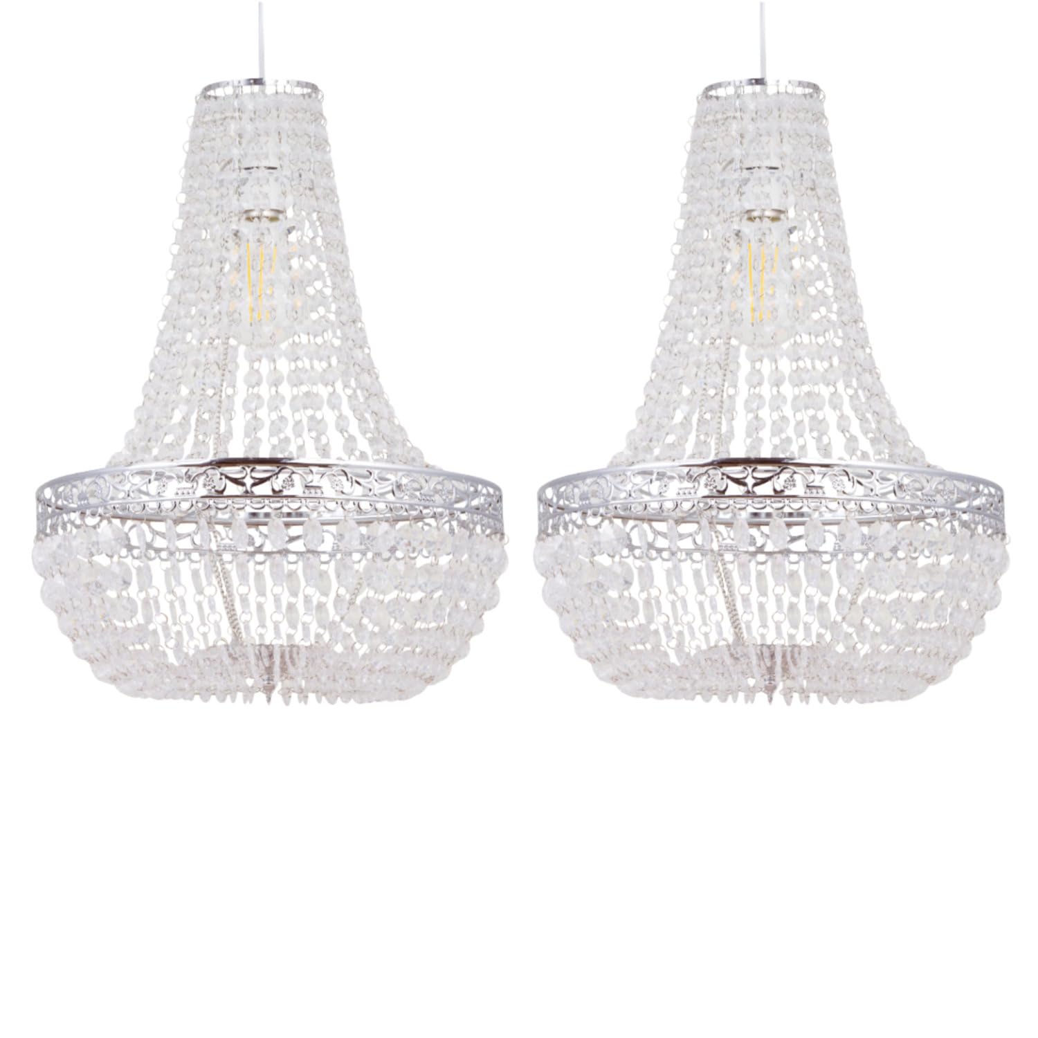 Set of 2 Chandelier Style Pendant Light Shades, Modern Acrylic Crystal Ceiling Lightshades, Easy Fit, Height 45 cm Width 36