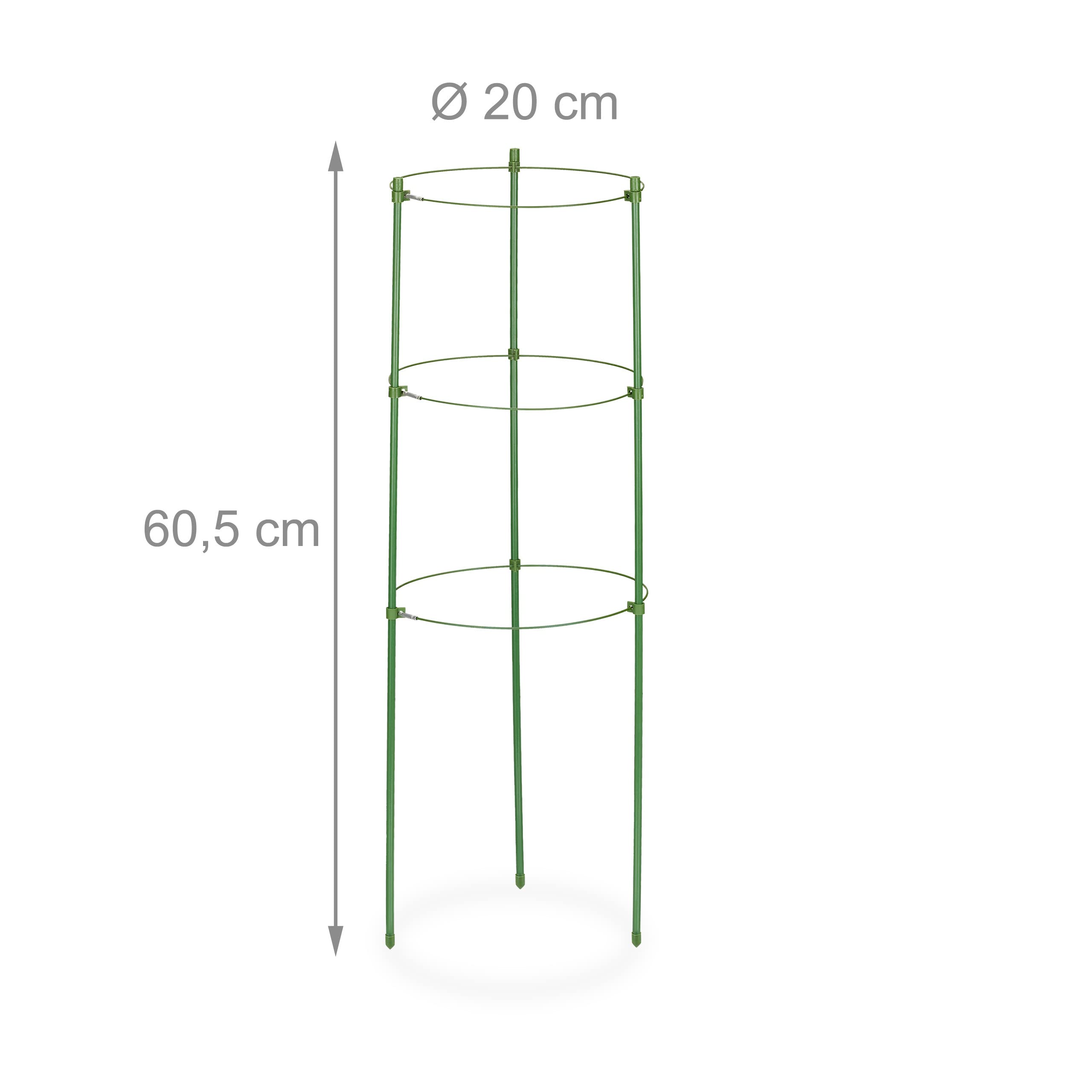 Relaxdays Podpora na rośliny pnące, zestaw 4 sztuk, 3 pierścienie, wys. x śr.: 60 x 20 cm, kwiaty i rośliny użytkowe, metal i tworzywo sztuczne, podpórka do roślin, zielona