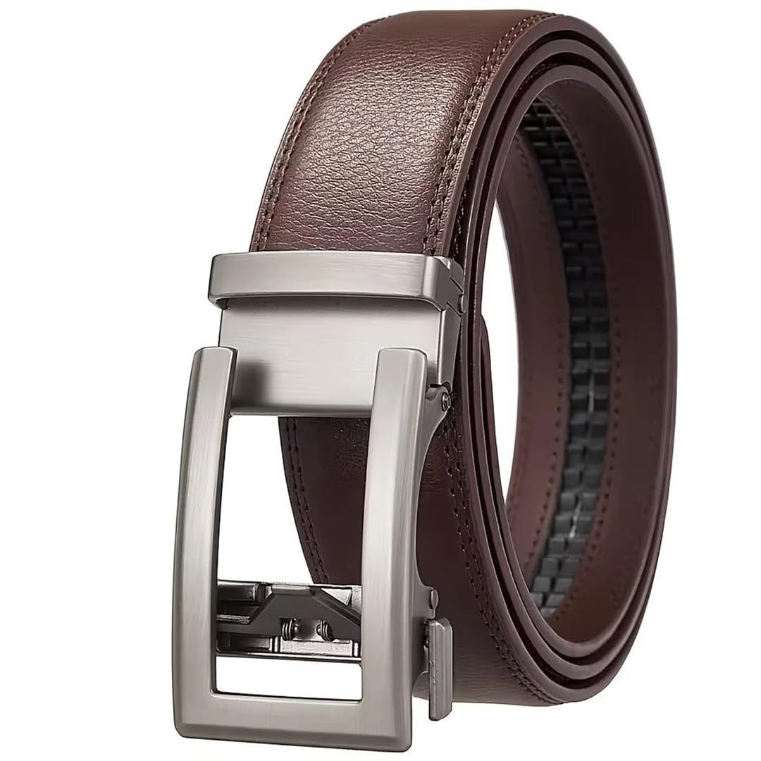Yeuyyben Cinturón de trinquete de cuero genuino para hombre con hebilla automática de aleación, vintage, marrón, ajustable, para negocios, casual, ropa formal