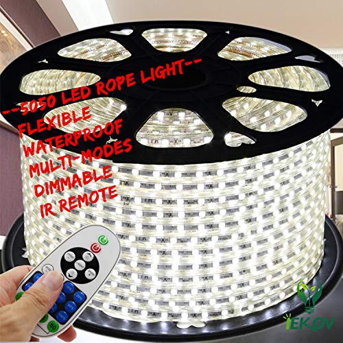 Image of White Color LED Strip Light, AC 110-120V Flexible /Waterproof /Multi-Modes Function /Dimmable SMD5050 LED Rope Light with Remote for Home /Office /Building Decoration (65.6ft /20m)