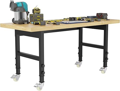 Miniatura 11 de Banco de trabajo ajustable de 48 pies, mesa de trabajo de madera maciza, banco de trabajo rodante, banco de trabajo de garaje de gran capacidad para
