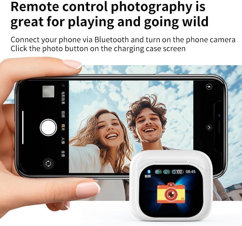 Person taking a photo using the LX-50 charging case screen as a remote shutter.