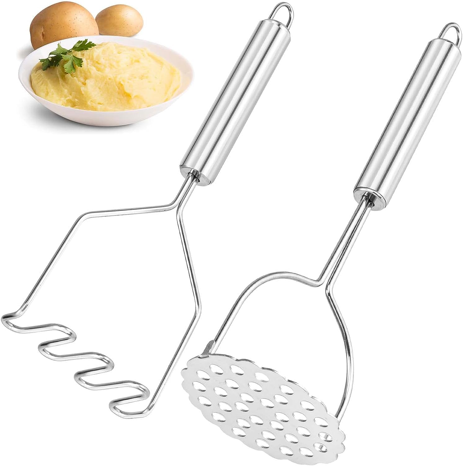 2PCS Potato Masher, MEETOZ Heavy Duty Stainless Steel Mashed Potatoes Masher, Masher Kitchen Tool for Potatoes, Vegetables, Berries， Fruits, Baby Food, Avocado