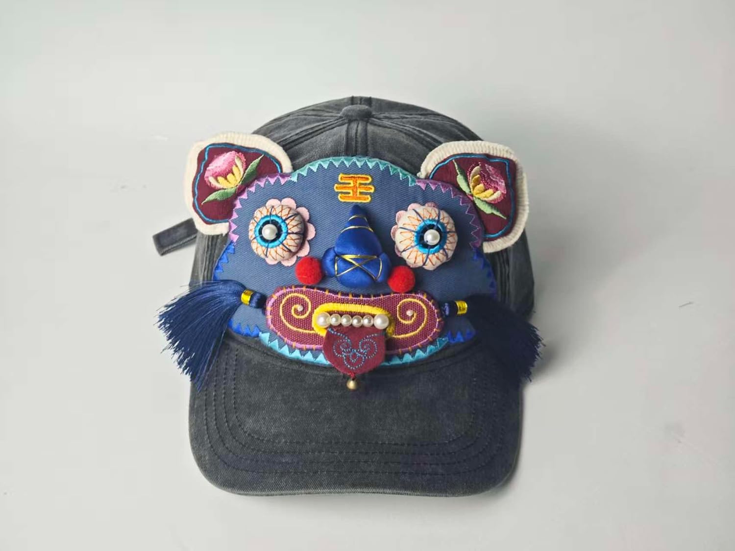 Hmong Inmaterial Heritage Hand Embroidered Tiger Head Baseball Cap Traditional Chinese Style Ethnic Character Hat, Blue