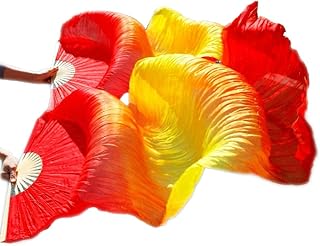 Nimiman 1 Pair(Left+Right) 100% Real Silk Belly Dance Fan Veil 1.8m (Red Yellow red)