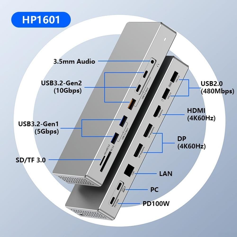 Base Docking 4K 60Hz 4 Pantallas Aleación Aluminio