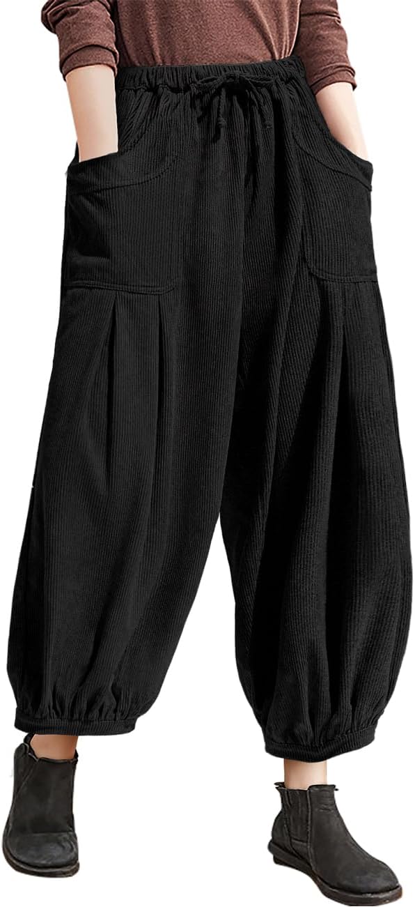 TARSE Womens Corduroy Pants Harem Casual Loose Fit Baggy Elastic Waist Lantern Fall Pants with Pockets