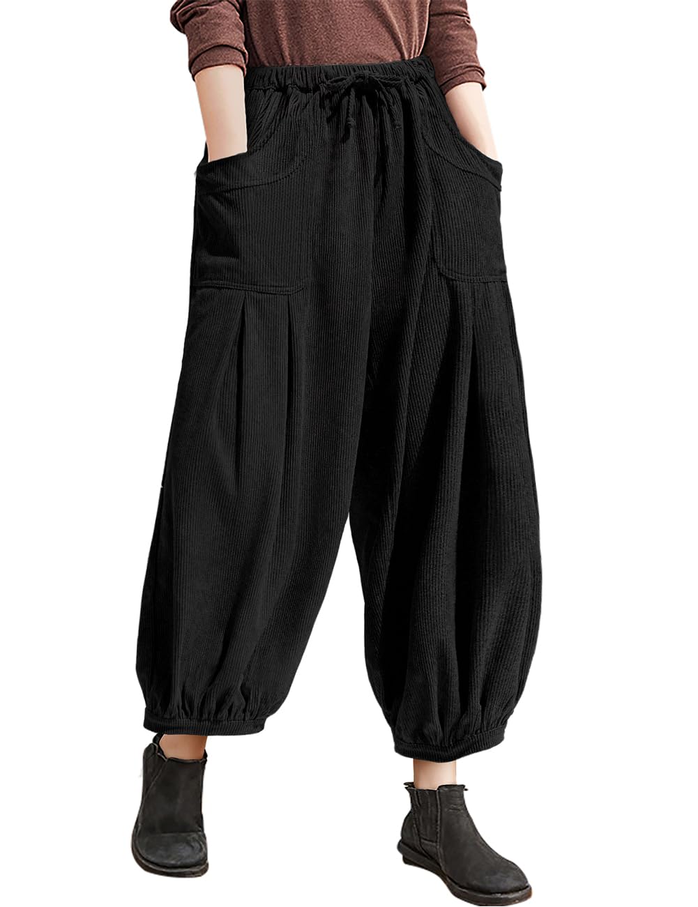 TARSE Womens Corduroy Pants Harem Casual Loose Fit Baggy Elastic Waist Lantern Fall Pants with Pockets