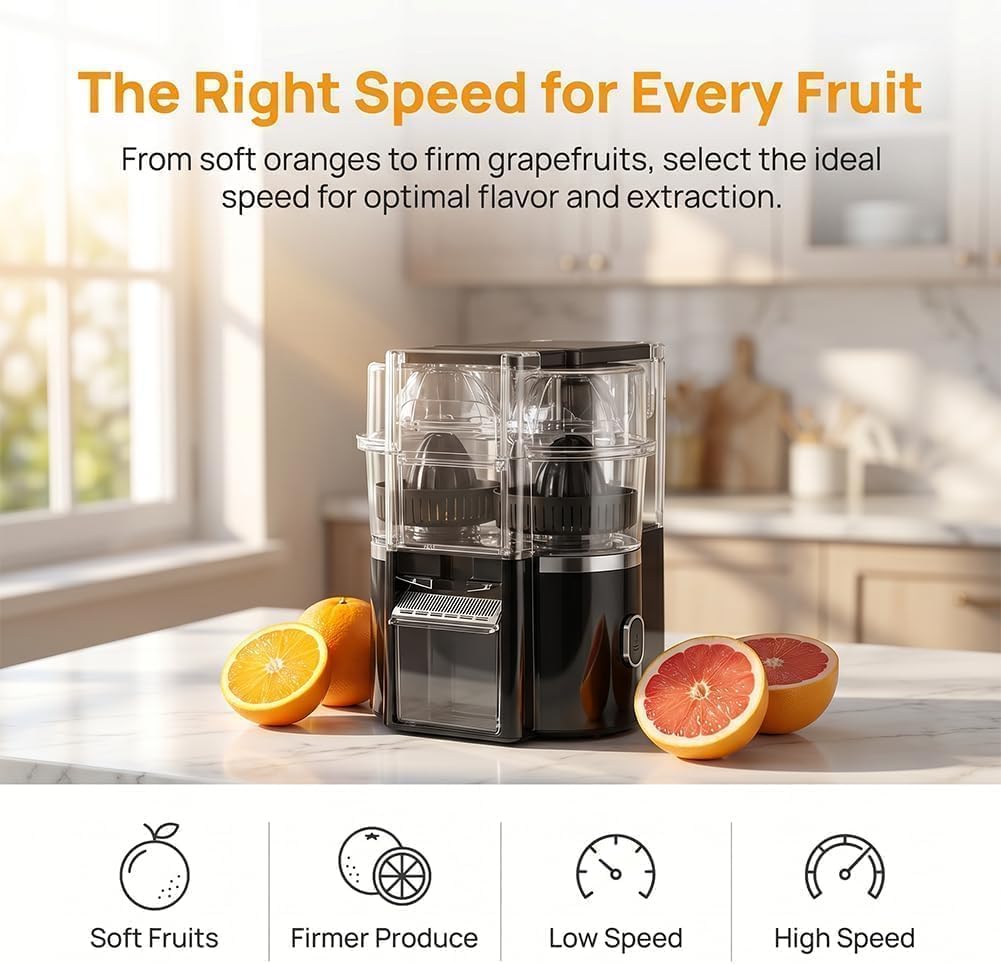 Exprimidor De Cítricos Automático De Doble Cabezal, Exprimidor Cítricos | Juice Maker con motor de 18000 Rpm, extractor de jugo inalámbrico de 2 velocidades para naranjas, limones y limas(Black)