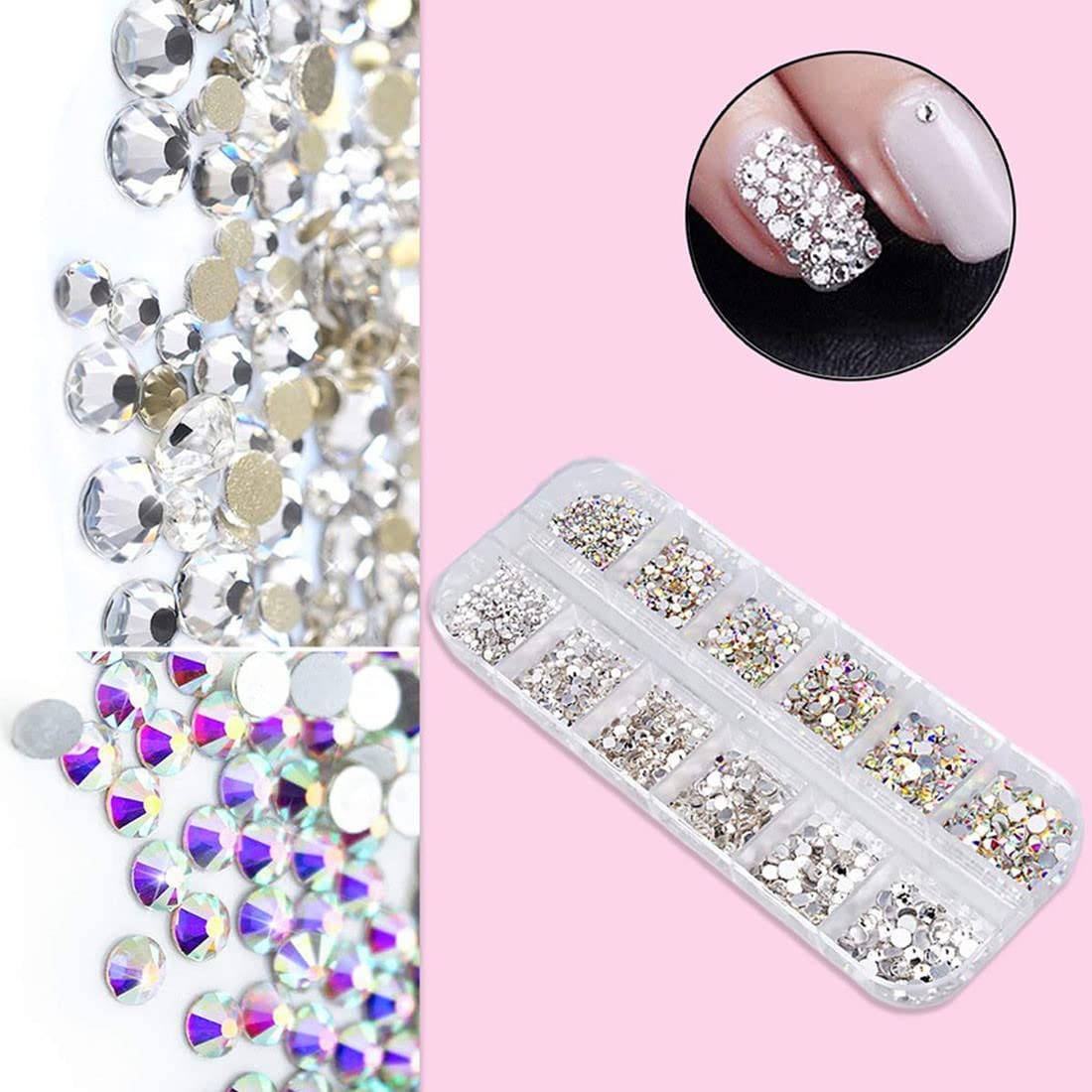CUHZA 1440 Pezzi Strass di Vetro Rotondo Gemme di Cristallo,6 Formati Rotondo Gemme di Cristallo,Strass Trasparenti con pinzette e scatole per Decorare Tutti i Tipi di Artigianato