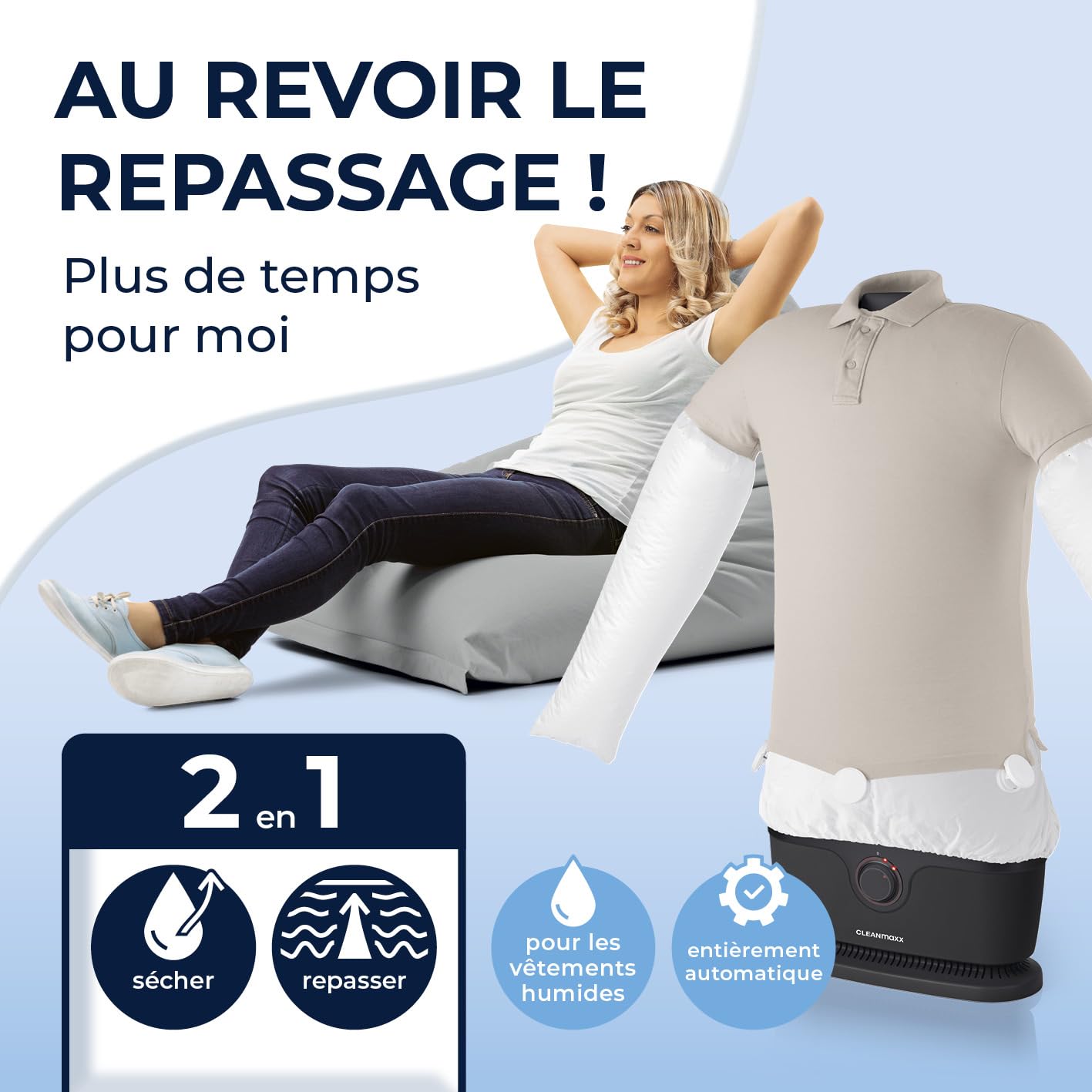 CLEANmaxx Repassage automatique de chemises PRO | Remplace le fer à repasser, le défroisseur vapeur et le steamer | Appareil de repassage pour chemises, chemisiers & t-shirts | Innovant & efficace
