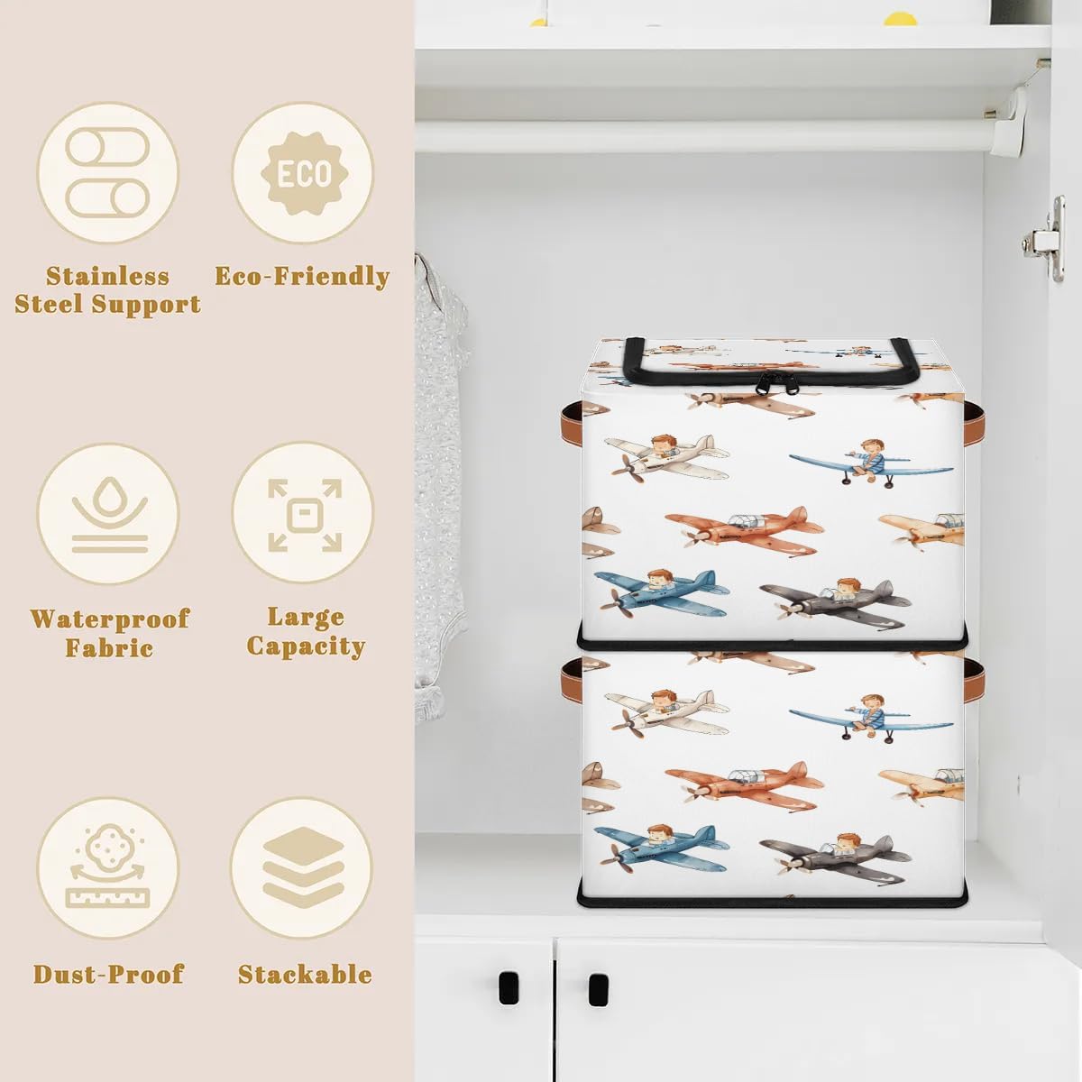 Airplane Storage Bins, 2 Pack Foldable Clothes Cartoon Cute Organizer Bags Fabric Storage Containers with Handles Closet Storage for Clothing, Bed Sheets