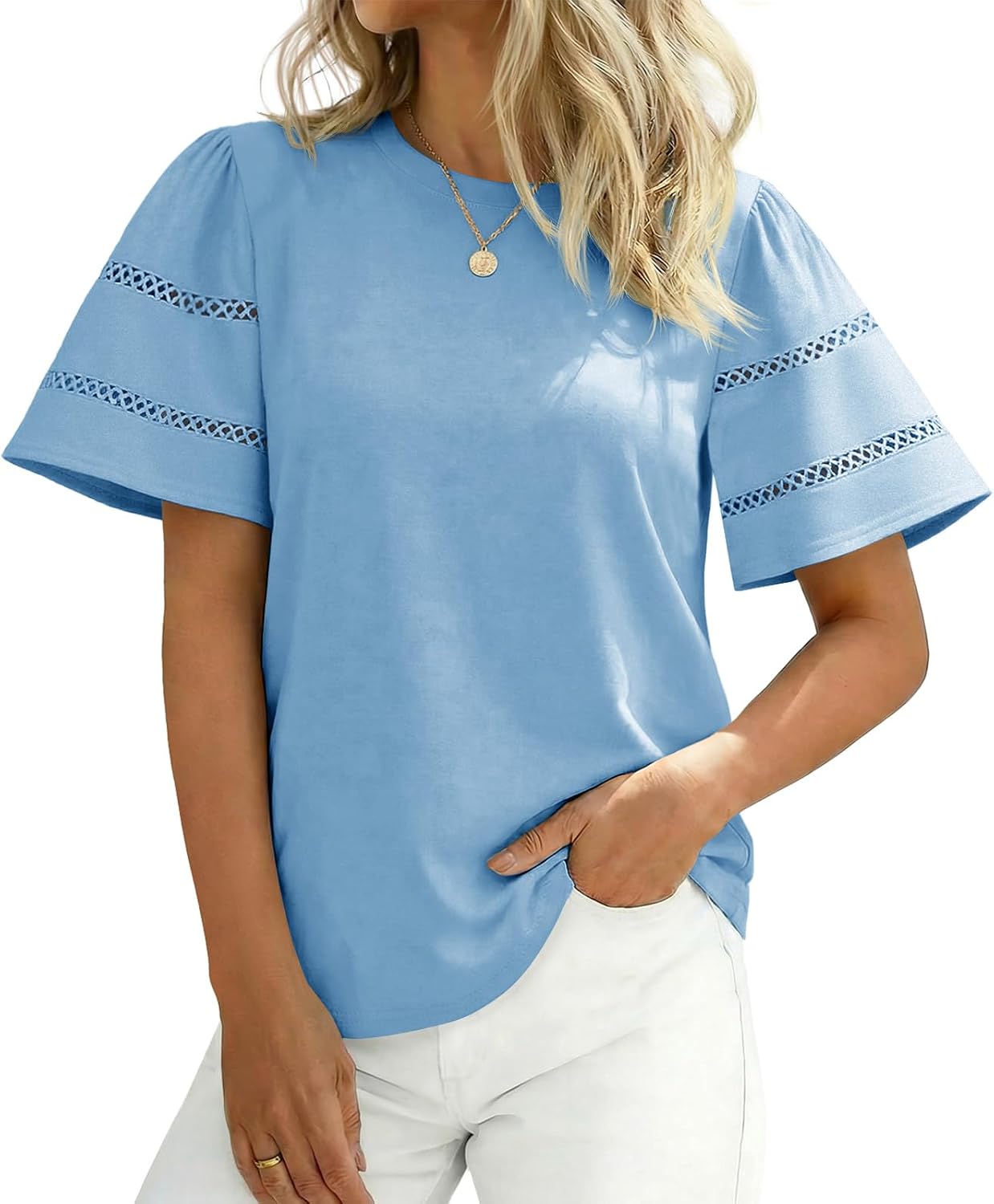 Tankaneo Womens Eyelet Short Sleeve Tops Trendy Casual Loose Fit Tunics Crewneck Summer T Shirts