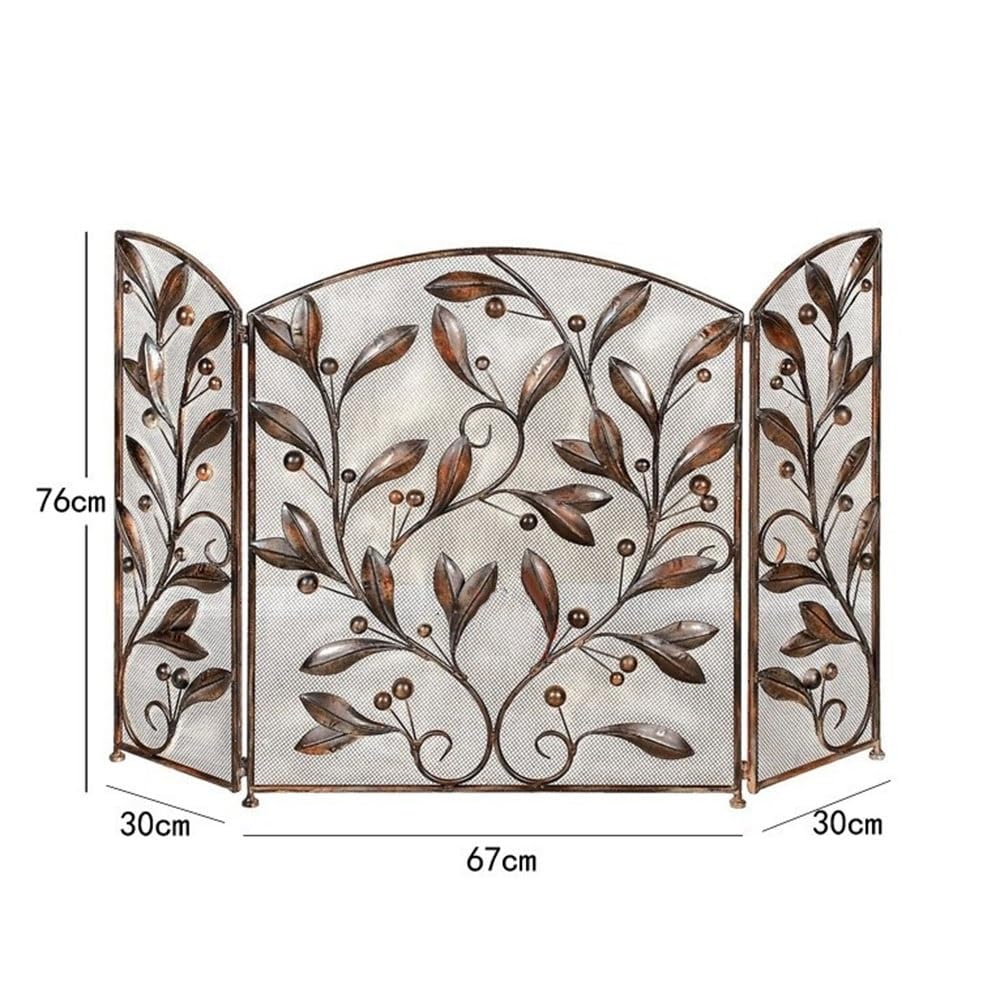 Schermo di protezione antincendio Paese americano Vintage Leaf Pattern Camino Schermo Divisorio Casa Rete Metallica Ignifugo Tre Pieghe Schermo Fuoco Spark Guard Arcuato