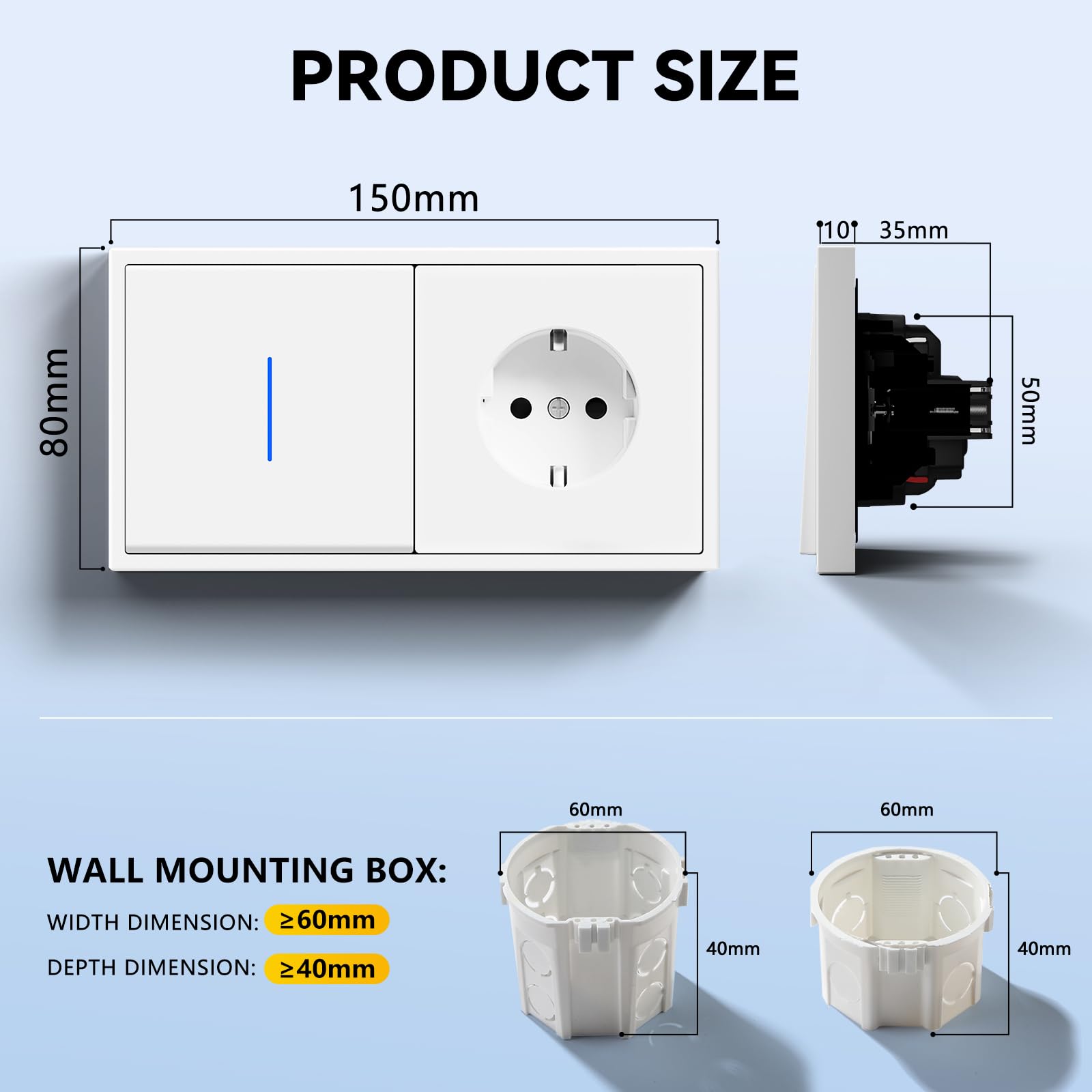 Interruptor con Enchufe Pared,Enchufe con Interruptor Conmutador de Pared con Marco de PC con LED Indicador,1 Gang 1 Vía 150 * 80mm,Fácil Instalación Diseño de Gancho de Garra,Blanco