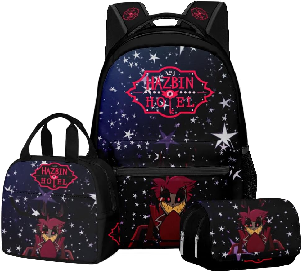 Hell Inn rugzak, Hazbin Hotel student rugzak, etui, lunchtas, 3-delige set