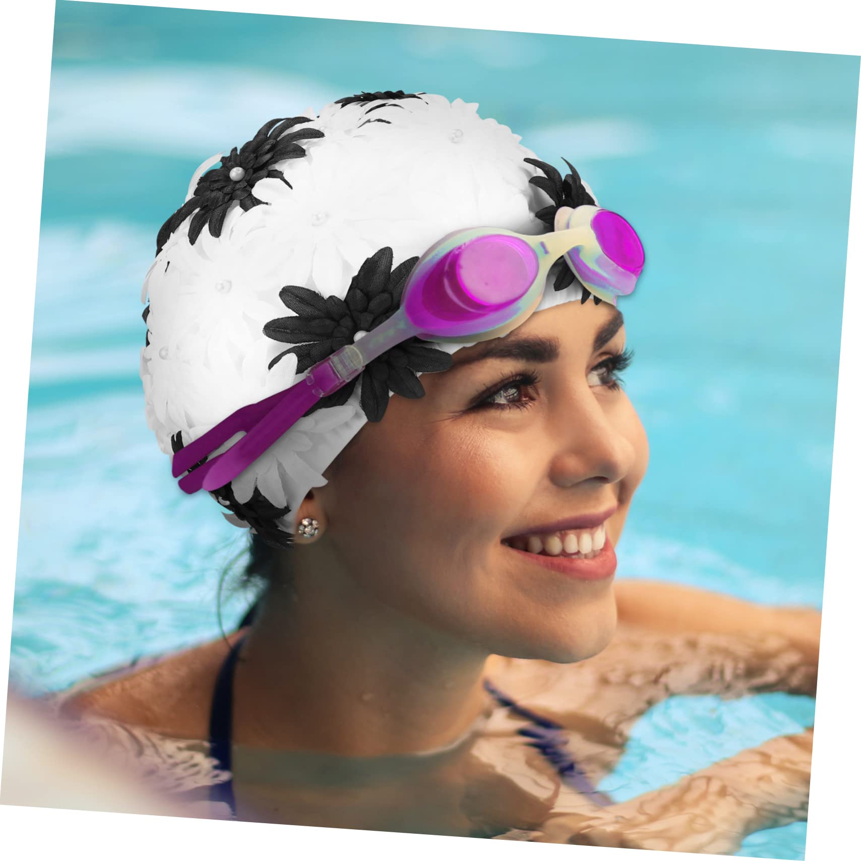 Luxshiny Gorro de Natación Doble Capa con Decoración de Flor de para Mujeres Gorro y Transpirable para Natación Rafting y Actividades Acuáticas