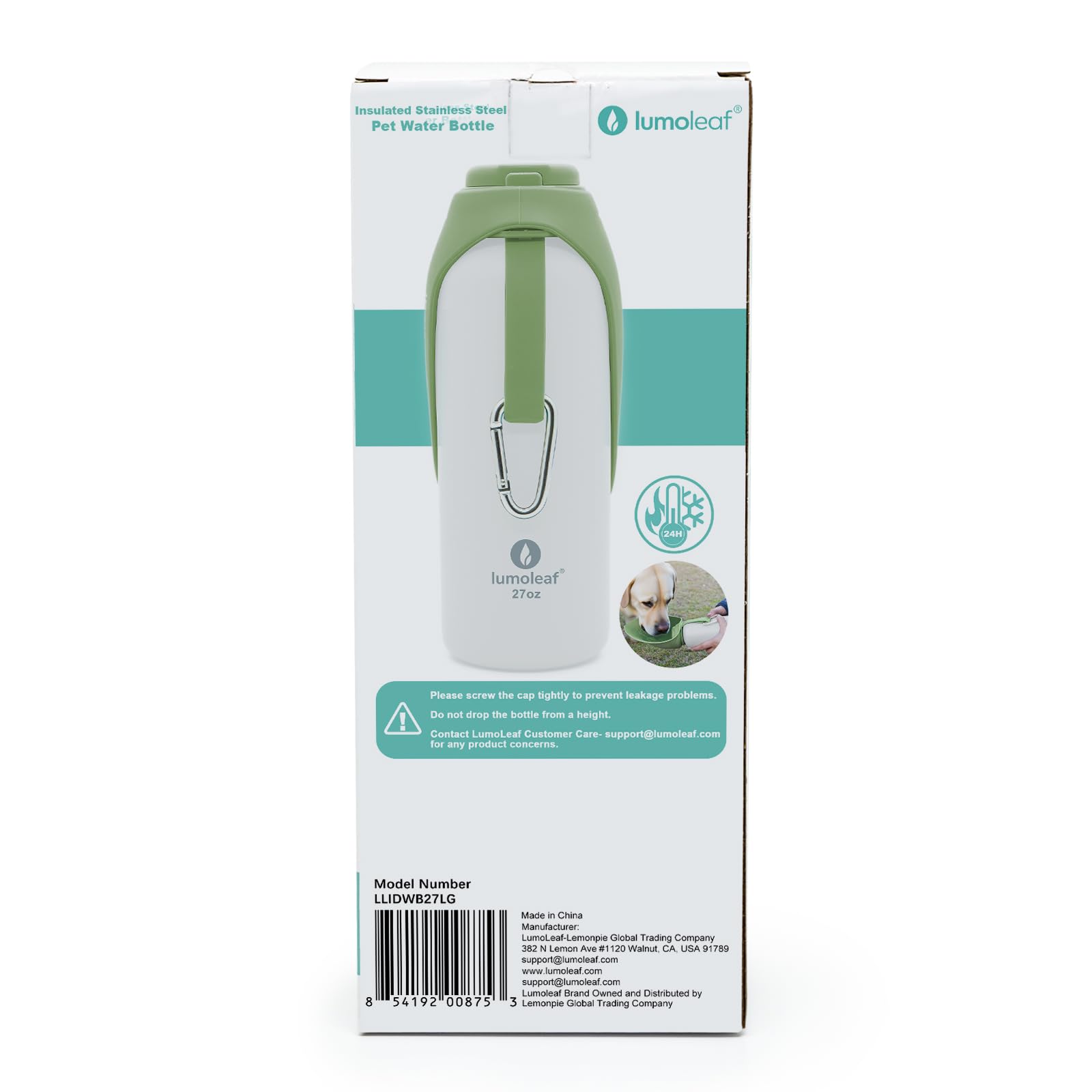LumoLeaf Borraccia termica per cani, in acciaio inox, 765,4 g, mantiene l'acqua fresca o calda, ciotola portatile per animali domestici, per viaggi, bocca larga per un facile riempimento e pulizia del