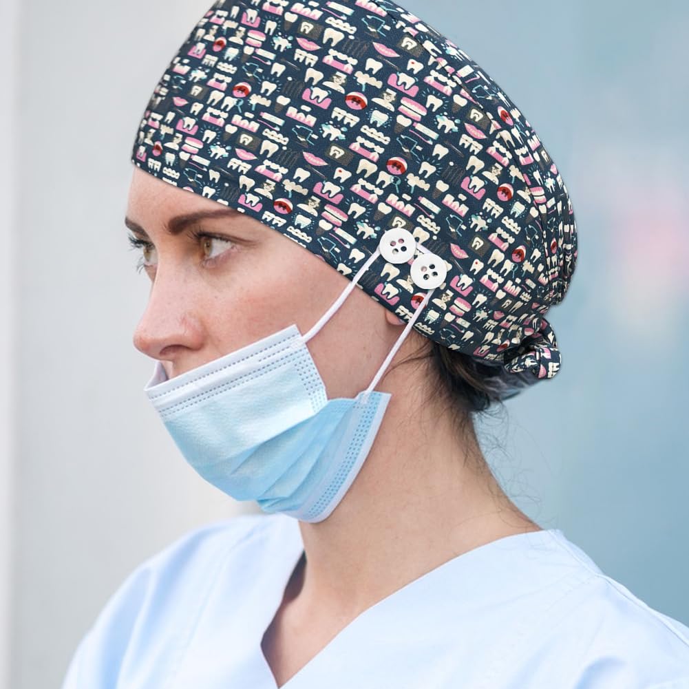 Zahnarzt-Kappen für Damen und Herren, verstellbar, elastisch, Krankenschwestermützen, Arbeitsmützen mit Knopf und Schweißband, 4 Stück