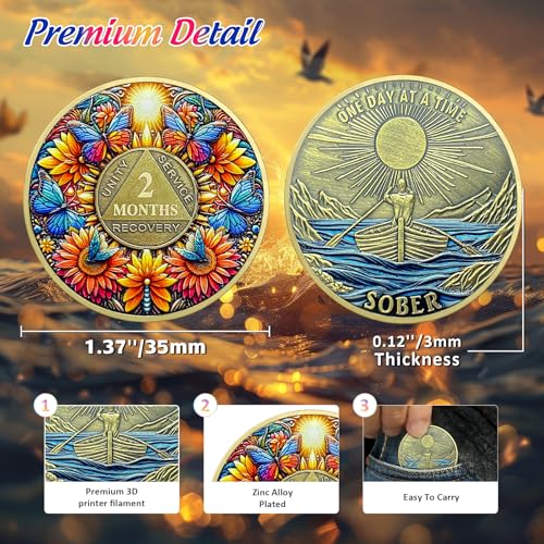 Image of Delicate Sunflower 2 Month Sobriety Coin - One Day at A Time 60 Day AA Sobriety Chip - Recovery Butterfly NA AA Chips and Medallions - 1-40 Years Living Clean Alcoholics Anonymous Gifts for Men Women