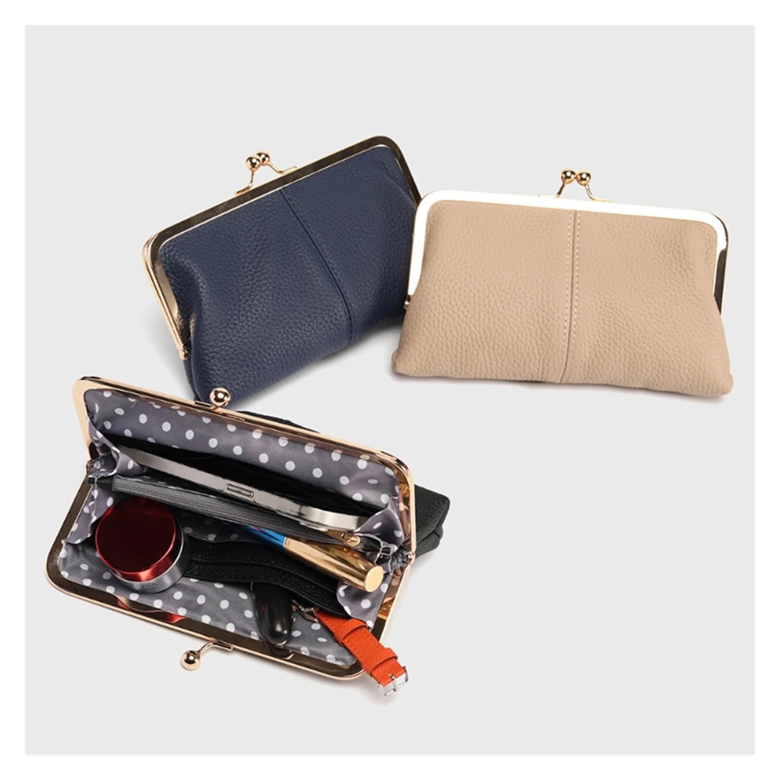Cartera de Cuero Genuino con Cierre de Beso, Cartera de Mano de Gran Capacidad con Doble Clip, Tarjetero Largo, Cartera de Viaje, Bolsa de Cambio de Moneda enmarcada | Black
