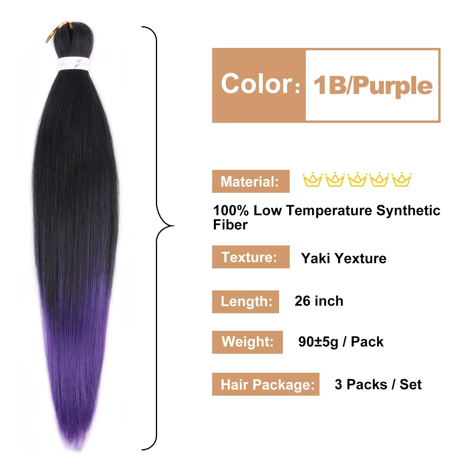 Extensiones de cabello trenzado preestirado de color negro a morado degradado, 26 pulgadas, 3 paquetes de cabello trenzado preestirado EZ trenzado, extensiones de cabello sintético para trenzas de