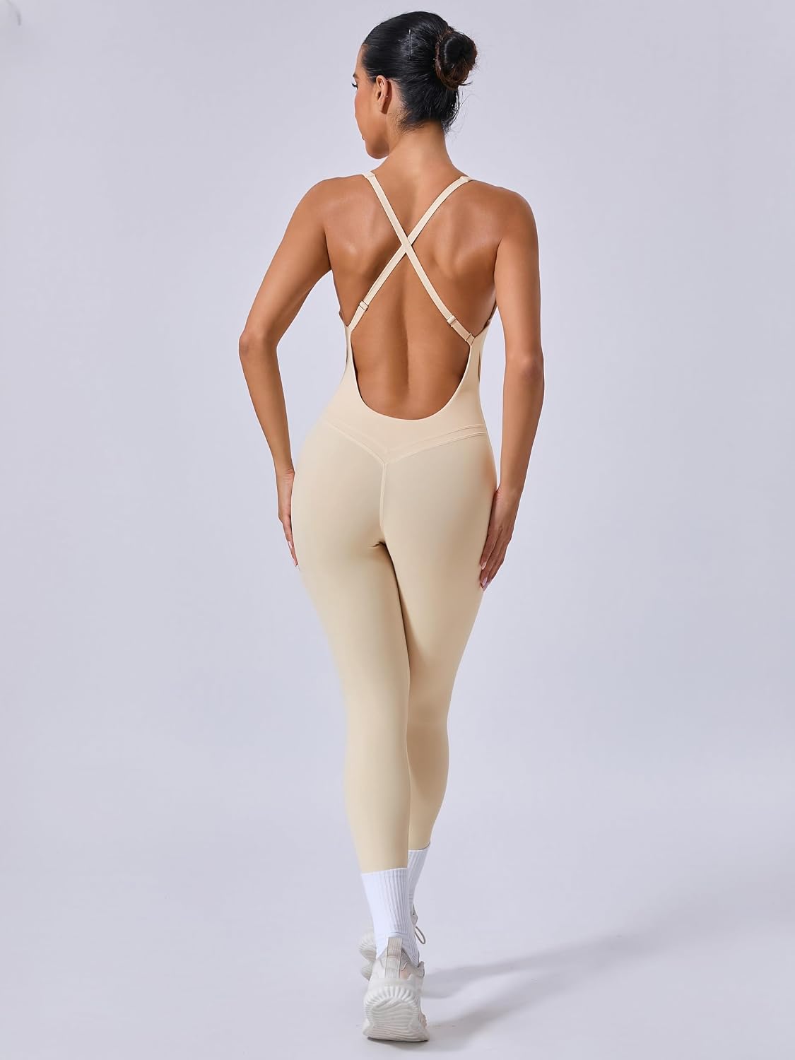 REYU Women Strappy Backless One Piece Jumpsuit Tummy Control Yoga Unitard Sleeveless Padded Bra Workout Romper
