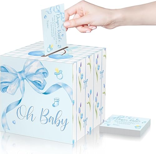 Funrous 51 boletos para rifa de pañales con caja para invitaciones de juegos de baby shower, tarjeta de rifa de pañales para revelación de género,