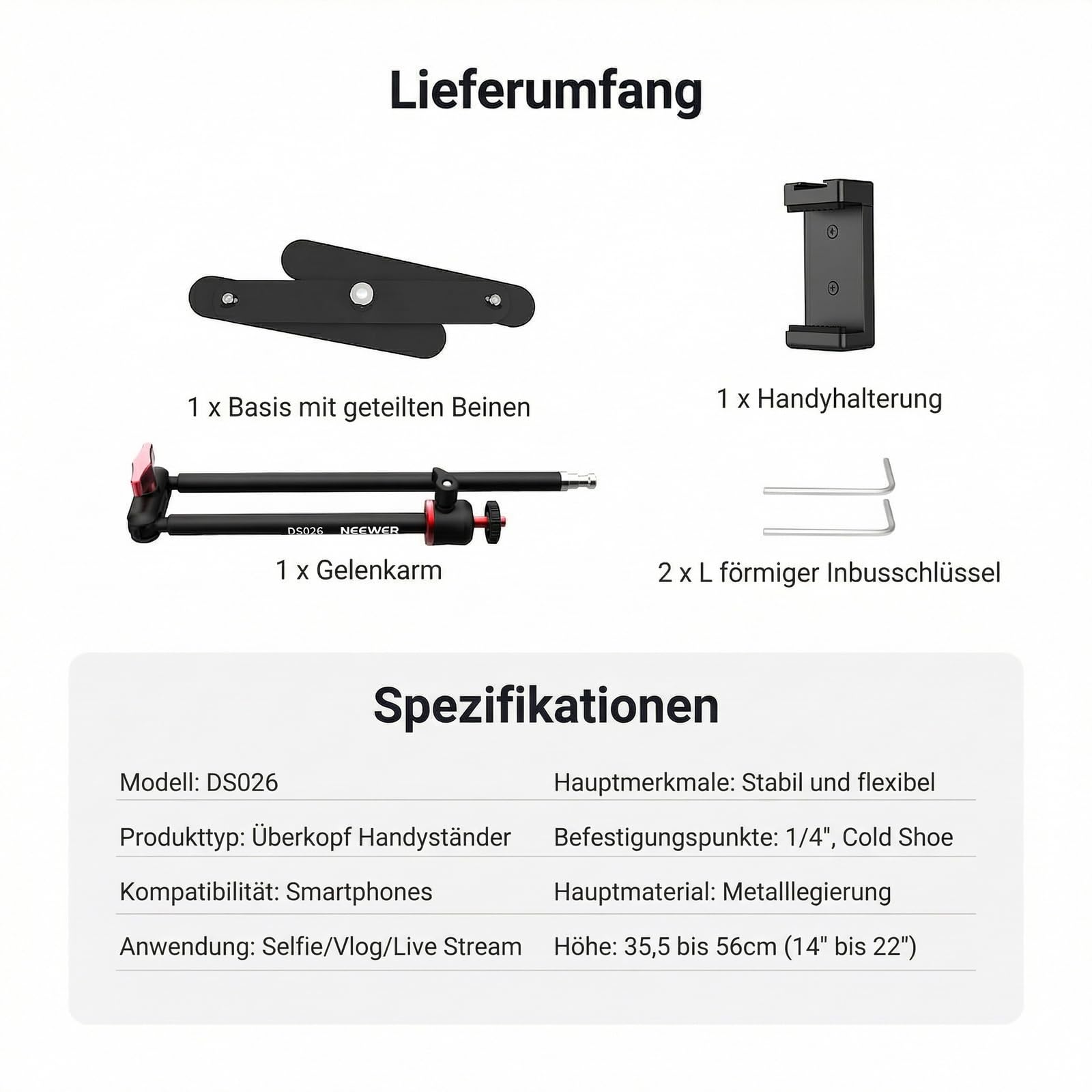 NEEWER Overhead Handystativ mit Doppelkugelkopf und schwenkbarem Boom Arm, stoßdämpfende Tischklemmen Handyhalterung Ständer mit klappbarem Sockel für Klavier Kochen Zeichnen Live Streaming, DS026