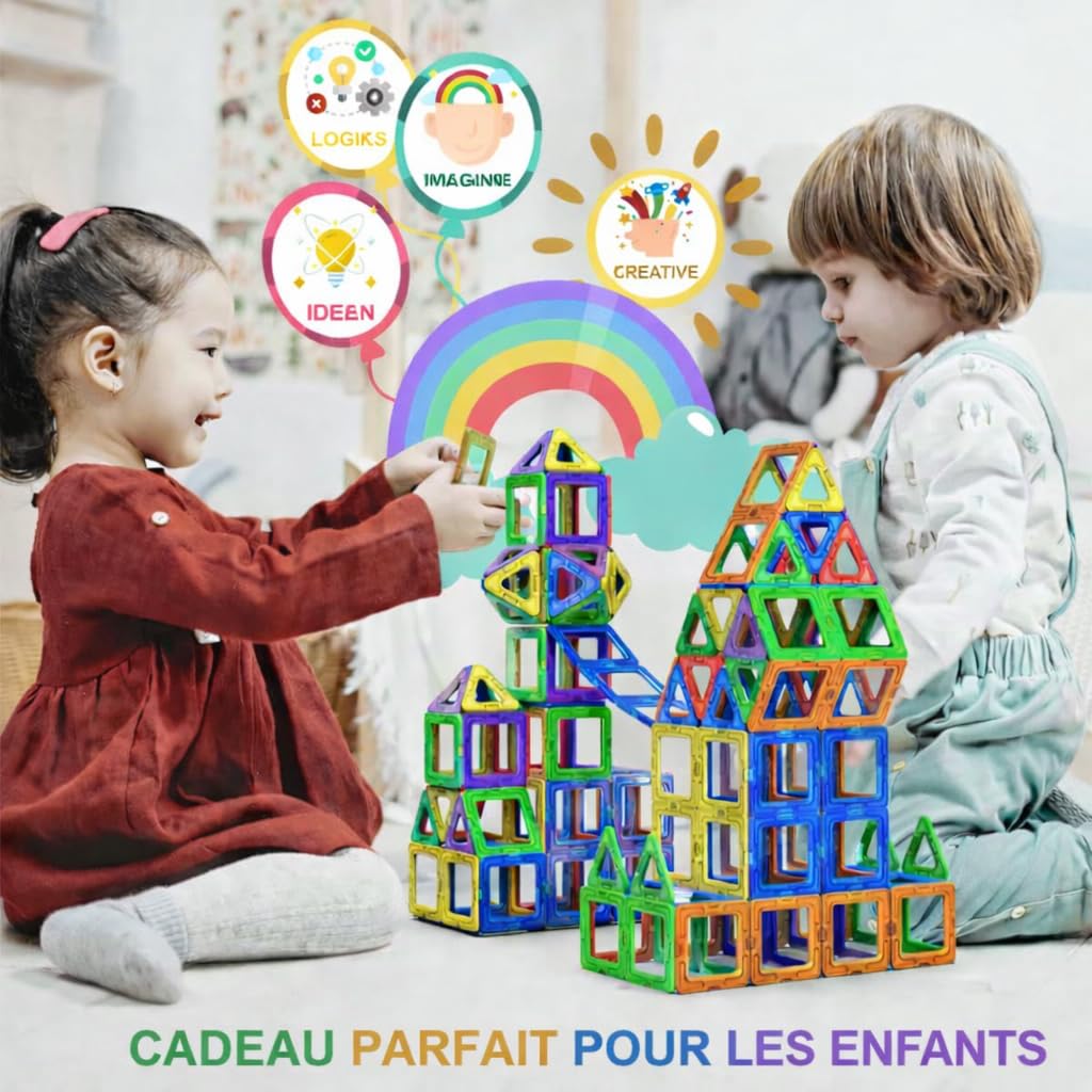 Bloc de Construction - Bloc Construction Magnetique Éducatifs STEM pour Enfants, Apprentissage Préscolaire Sensoriel Montessori Jouets Magnétiques pour Garçons & Filles dès 3 Ans - 96 Pièces