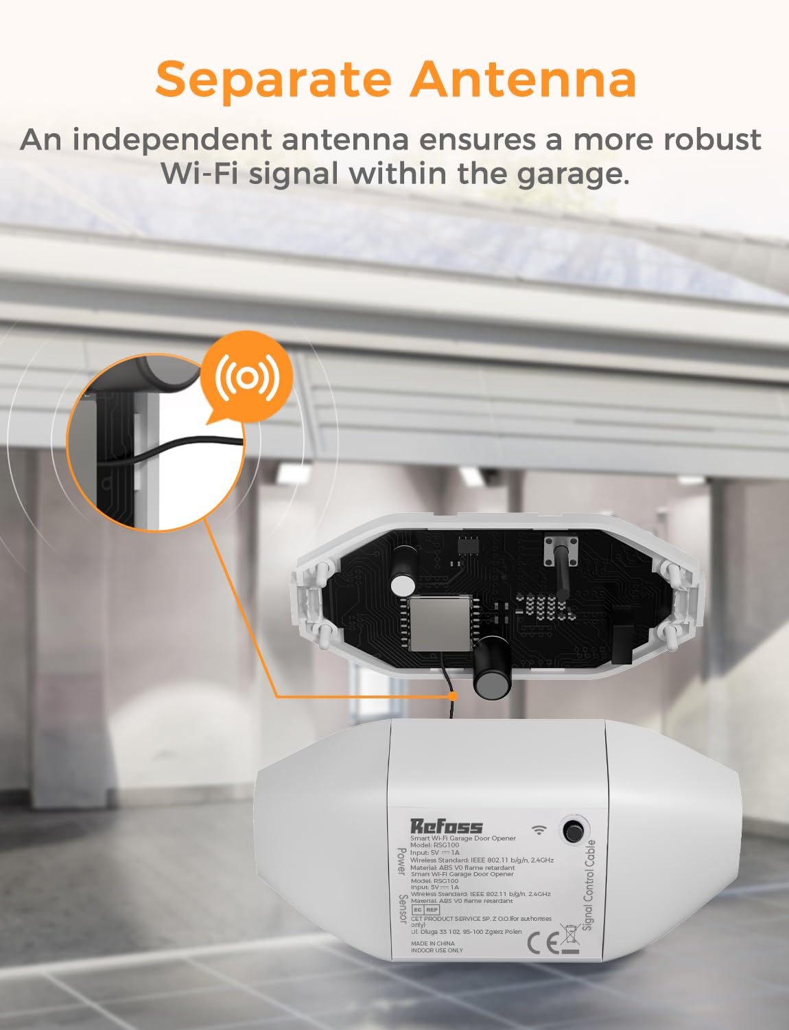 Refoss Abridor de Puertas de Garaje WiFi Inteligente para HomeKit, Apertura Puerta Garaje WiFi, Control Remoto y por Voz, Mando Puerta Garaje Universal Compatible con Alexa, Google Home